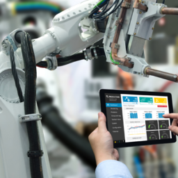 Worker controlling robotic arm with tablet