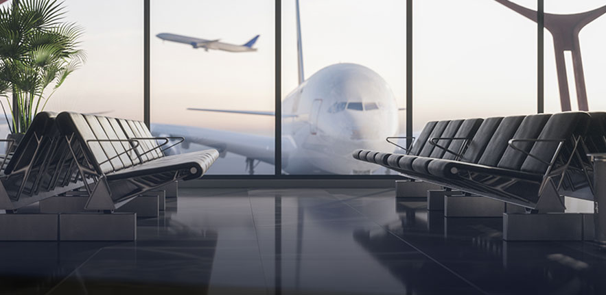 Interior airport with view of plane on runway and plane taking off