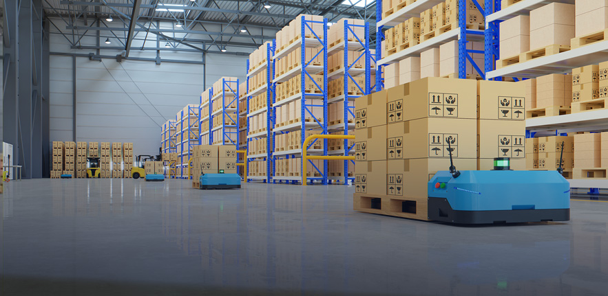 Modern warehouse with racks of cardboard boxes